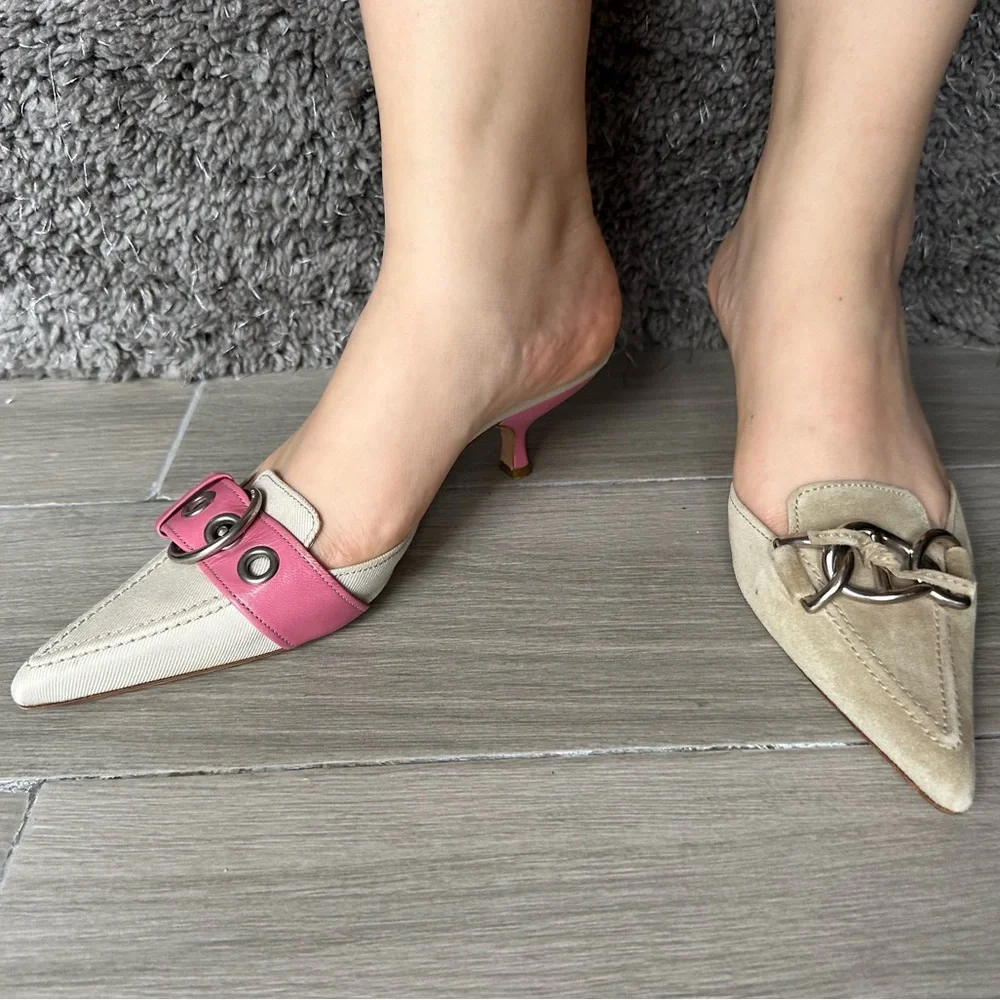 Prada Kitten Heel Mules Colorblock Suede Leather - Picture 4 of 5